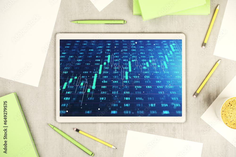 Fototapete Abstract creative stats data concept on modern digital tablet screen. Top view. 3D Rendering
