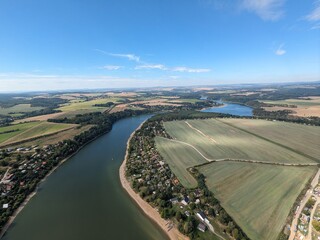 The Hracholusky concrete dam with water power plant.water reservoir on the river Mze. Source of...