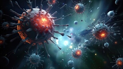 Human host and virus at the cellular level. Molecular warfare, immune system response, viral intrusion, cellular defense, microscopic conflict. Generated by AI. - obrazy, fototapety, plakaty