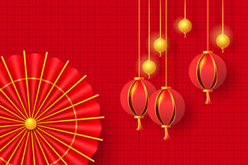 Hanging paper lanterns and traditional red umbrella. Oriental Holiday Lunar New Year poster - 649279728