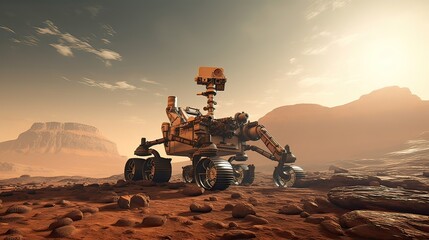 Mars rover valiantly explores the rugged terrain of the Red Planet. Martian exploration, rugged landscapes, scientific adventure, rover's journey, planetary exploration. Generated by AI.