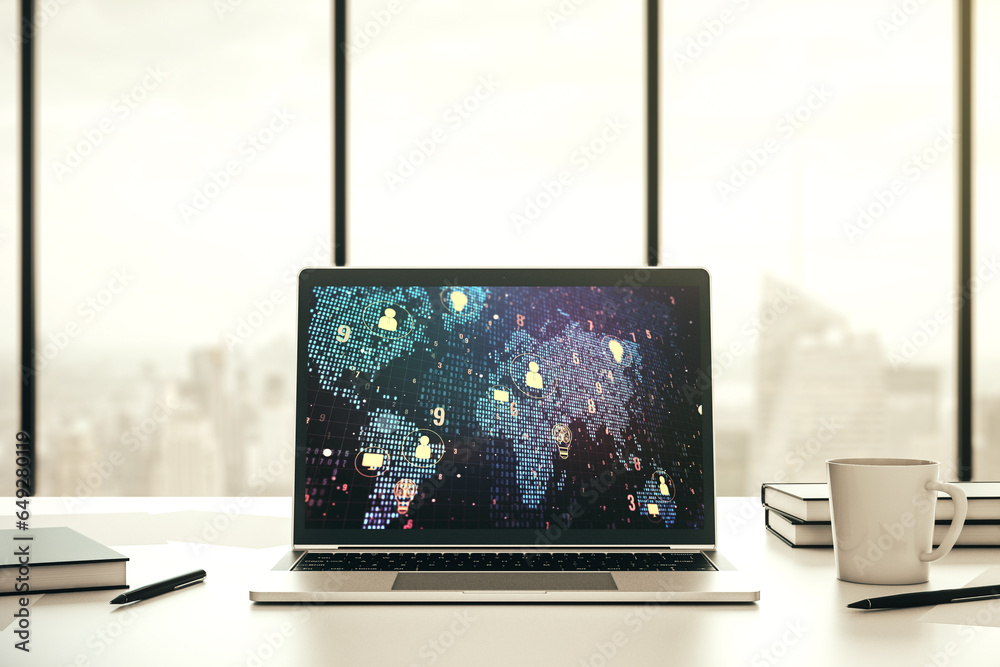 Leinwandbilder Modern computer screen with social network icons concept and world map. Networking concept. 3D Rendering