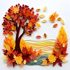 Paper quilled red, yellow leaves in autumn scene. Autumn background for product ads