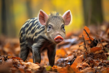 Wild striped boar piglet in the wild