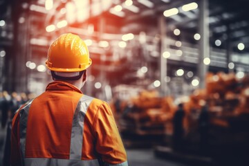 Factory workers in a safety vests and hard hats, back view. AI generated