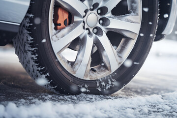A car wheel stuck on snow. close-up view. winter travel - obrazy, fototapety, plakaty