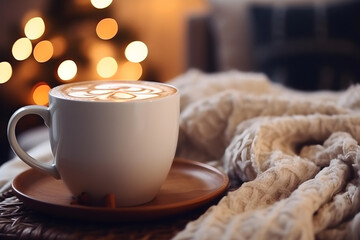 A mug of hot latte stands on a chair with a woolen blanket in a cozy living room with a fireplace. Cozy winter day background with a bokeh effect.