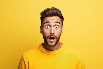 Fototapeta premium Surprised man portrait. Young guy on a simple yellow background. AI generated