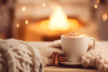 A mug of hot latte stands on a chair with a woolen blanket in a cozy living room with a fireplace. Cozy winter day background with a bokeh effect.