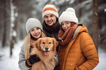 Obraz premium Close-up front view. Happy family walking their pet golden retriever in the winter forest outdoors. happy dog in front with a protruded tongue