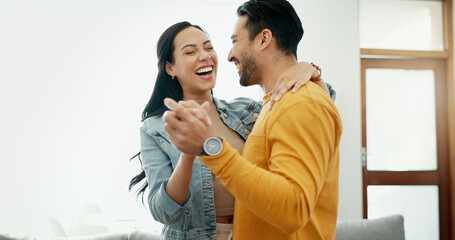 Couple, dancing in living room and love, bonding and happy people together at home. Healthy relationship, trust and support in commitment, partner and marriage, romance and intimacy with laughter