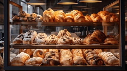 Delicious assorted pastry and bread arranged on tray selling at bakery shop. Fresh sweet pastry and baked bread in a bakery window display