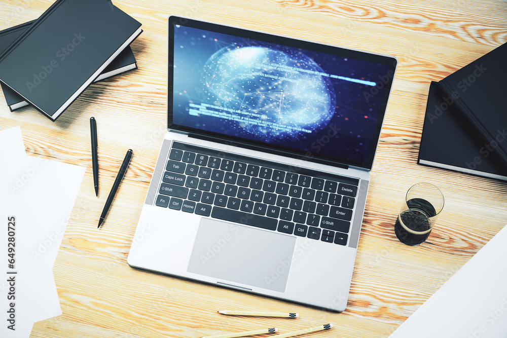 Leinwandbilder computer monitor with abstract creative programming illustration and world map, big data and blockch