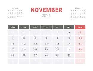 Calendar Template of november 2024. Vector layout simple calendar with week start Monday.