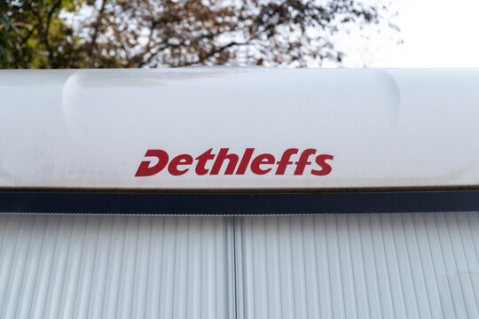 Dethleffs motorhome with logo sign. German manufacturer of Caravans, RV recreational vehicles, camper vans and motorhomes. Signage with brand logotype on September 12, 2023 in Krakow, Poland.