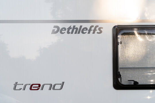 Dethleffs Trend motorhome with logo sign. German manufacturer of Caravans, RV recreational vehicles, camper vans and motorhomes. Signage with brand logotype on September 12, 2023 in Krakow, Poland.
