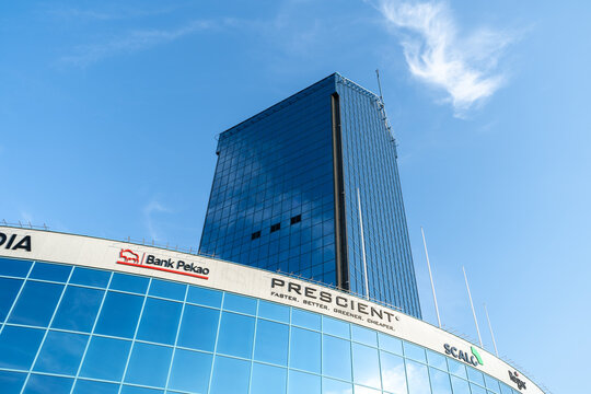 K1 building, Cracovia Business Center, Błękitek Krak&oacute;w. High-rise office skyscraper tower on Aleja Pokoju avenue, near Rondo Grzeg&oacute;rzeckie roundabout in Cracow on September 12, 2023 in Krakow, Poland.