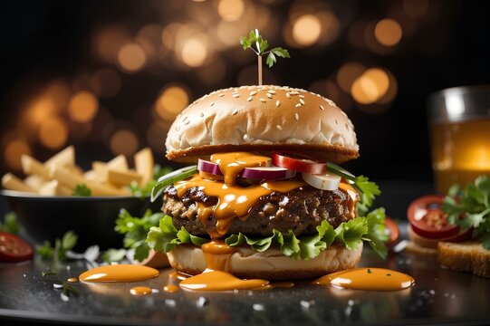 Delicious burger with french fries flying around, Beeg burger in the table isolated with black background, big portion of junk food with melted cheese high calories.