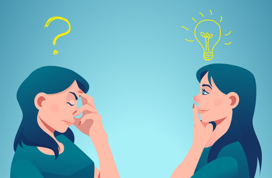 Vector of two women thinking one has a question another solution with light bulb above head .