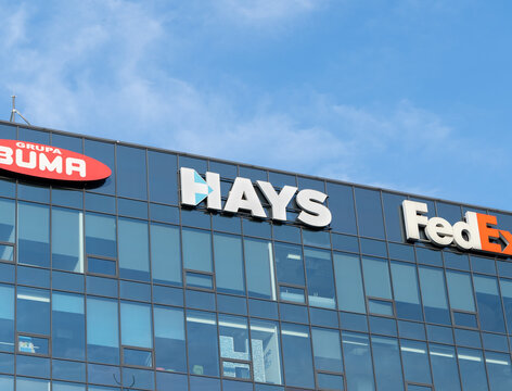 Aleja Pokoju 5 corporate office building in Cracow. Business center in Krak&oacute;w, with logo sign of Grupa Buma, Hays and FedEx on September 22, 2023 in Krakow, Poland.