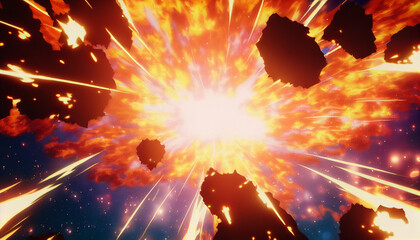Anime style space explosion background, cartoon blast with fire and particles - obrazy, fototapety, plakaty