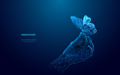 Abstract human hand-holding digital blue butterfly. Freedom and beauty concept. Close-up hand. Low poly wireframe vector illustration in hologram x-ray style. Technology geometry polygonal image. 