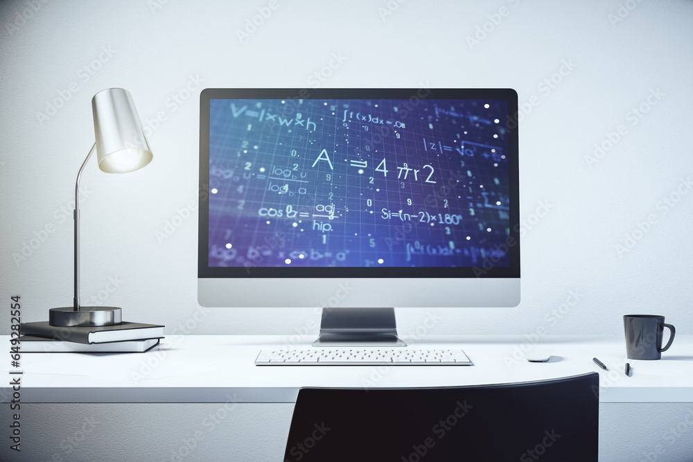 Poster creative scientific formula illustration on modern computer monitor, science and research concept. 3