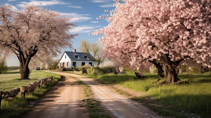 Fototapeta na wymiar Countryside scene, where a farmhouse is embraced by blooming cherry trees. Cherry blossom delight, rural oasis, orchard serenity, idyllic farmhouse, natural splendor. Generated by AI.