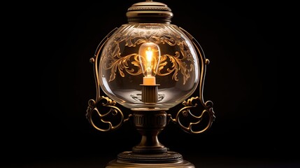 Antique oil lamp with an ornate glass shade. Vintage glow, glass shade elegance, historical charm, warm illumination, enduring allure. Generated by AI.