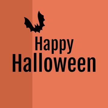 Happy halloween text in black with flying bat on orange background