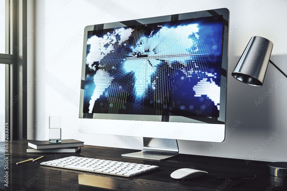 Poster Modern computer monitor with abstract digital world map, research and strategy concept. 3D Rendering