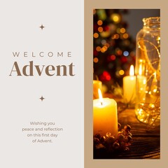 Composite of welcome advent text and lit candles on dark background