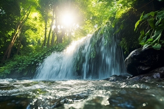 low angle view of clear water in front of waterfall in background of green forest and sunlight. Nature and environment landscape concept.