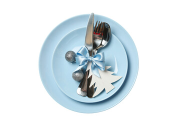 PNG, Plates with New year cutlery on white background
