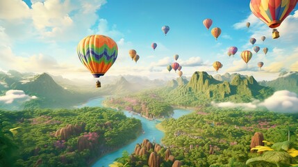 Majestic ascent, sweeping panoramas, peaceful drift, skyward vantage, balloon journey, scenic beauty. Generated by AI.