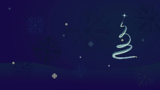 winter background with Christmas tree hand painted with the shiny brush and snowflakes falling
