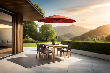Patio with garden furniture and parasol  - obrazy, fototapety, plakaty