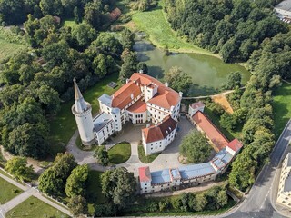 Bor historical old Bohemian town with chateau Zamek Bor u Tachova,castle aerial panorama landscape...