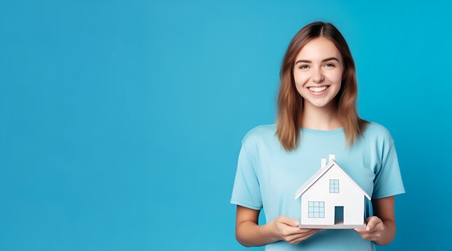 Portrait of young woman with happy positive smile hands holding house miniature on blue background, copy space, moving to a new house, buying real estate