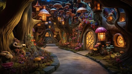 Fototapeta premium Fairy tale-themed area where whimsical attractions transport you to a world of magic. Fantasy adventure, captivating, family-friendly, storybook charm, fairy tale enchantment. Generated by AI.