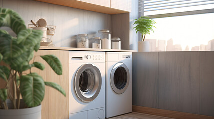 Interior of a real laundry room with a washing machine - obrazy, fototapety, plakaty