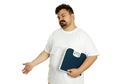 PNG, Concept of weight problems, young fat man isolated on white background - Powered by Adobe