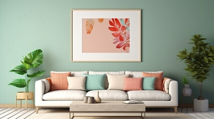 Interior poster mock up living room with colorful poster