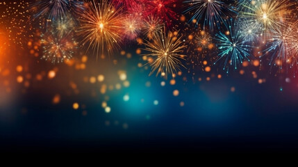 Colorful fireworks on dark sky, celebration and happy new year concept abstract background illustration. - obrazy, fototapety, plakaty