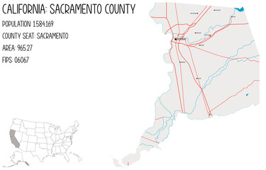 Large and detailed map of Sacramento County in California, USA.