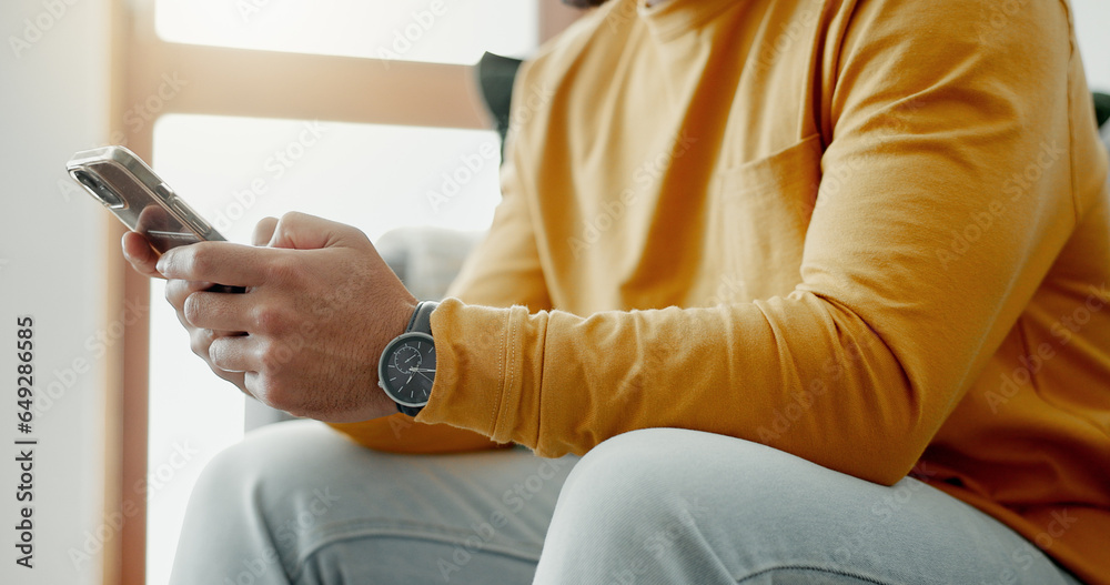 Aufkleber hands, phone texting and home with social media post, networking and online on a sofa. mobile app, c