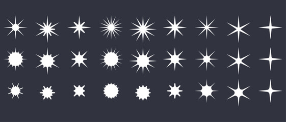 Stars. Set of editable icons. Vector icon on a black background. Flat design. A set of various spiky stars.