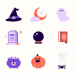 Illustration vectorielle d'Halloween. Modèle d'éléments et de pictos vectoriels d'Halloween : chapeau de sorcière, croissant, fantôme, tombe, boule de cristal, livre satanique, chaudron, citrouille