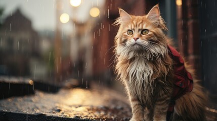 A cat is standing in the rain in front of a building - Powered by Adobe