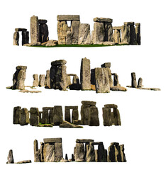 Various photos of Stonehenge, prehistoric monument in Wiltshire, England, isolated on white background